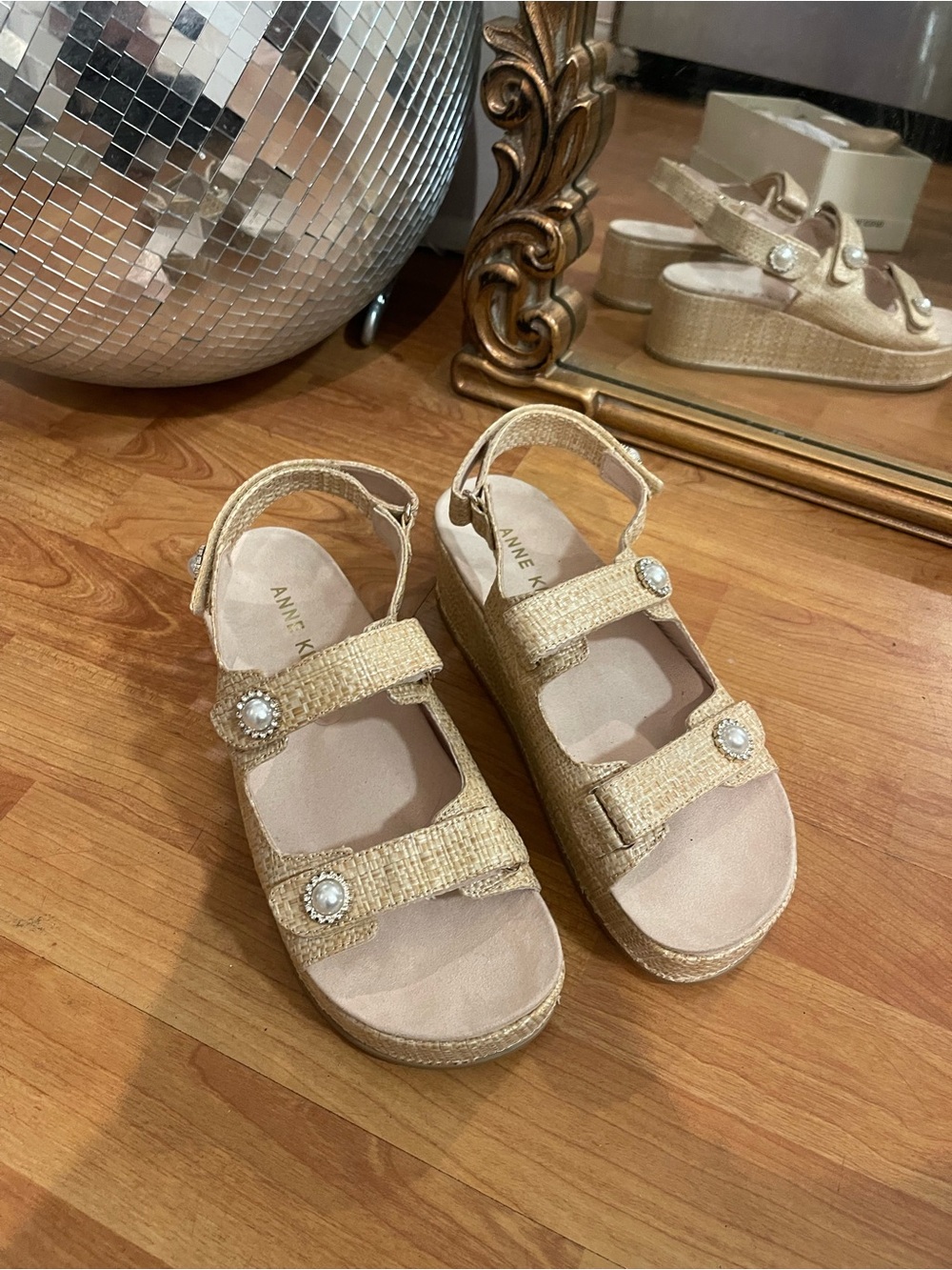 Anne Klein Gold Woven Pearl-Button Platform Sandals
